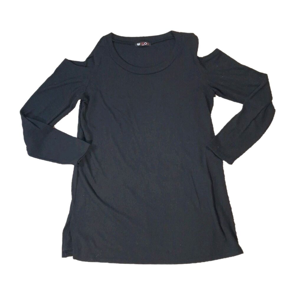 ​VISION USA Black Cold Shoulder Top Small S Long Sleeve Tunic Knit Blouse 13082